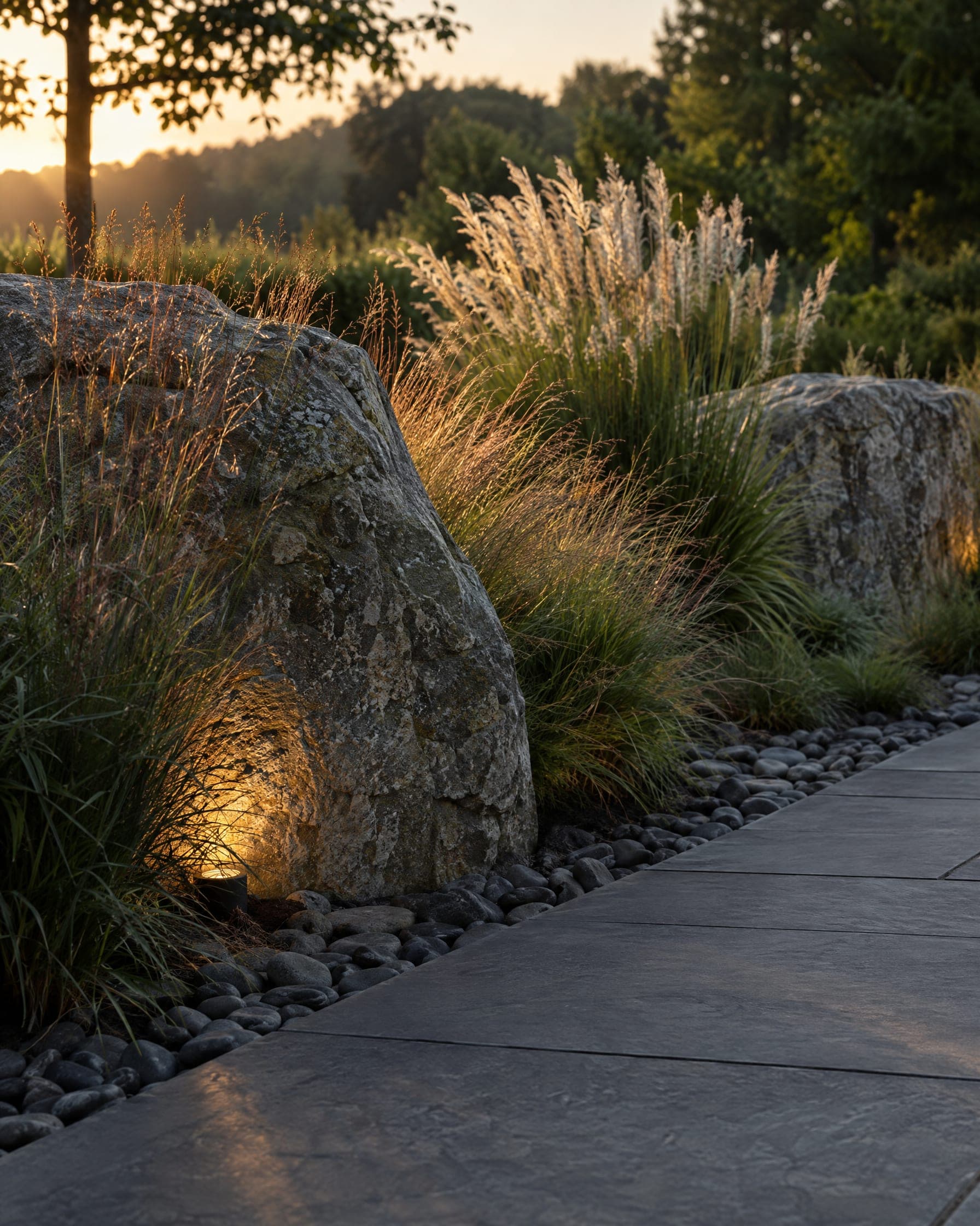 Illustration: two large weathered boulders set into the grade beside charcoal pavers and dark river stone, with backlit ornamental grasses at golden hour