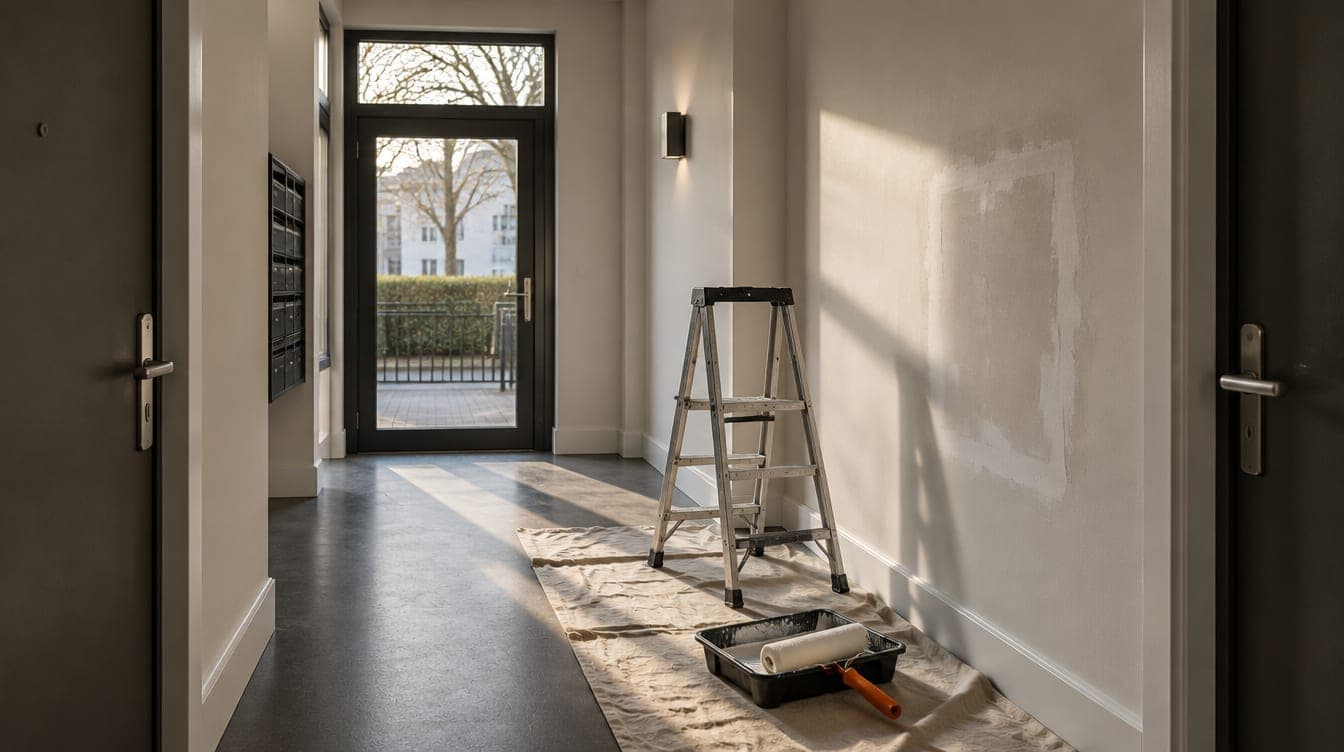 Illustration: the entrance corridor of an apartment building mid-refresh, with a step ladder, a drop cloth, a paint tray and a patched section of wall catching the afternoon light