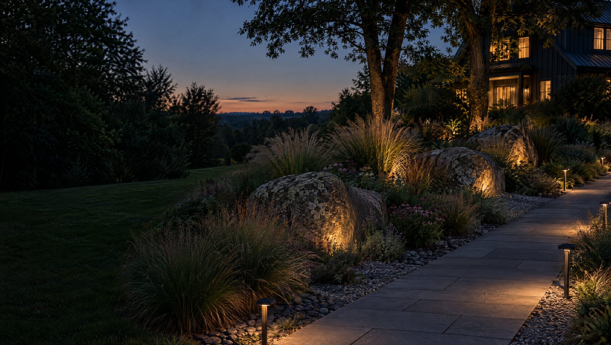 Illustration: a residential landscape at dusk, large boulders set into the grade, ornamental grasses and a paver walk, with warm landscape lighting and a lit farmhouse behind the trees