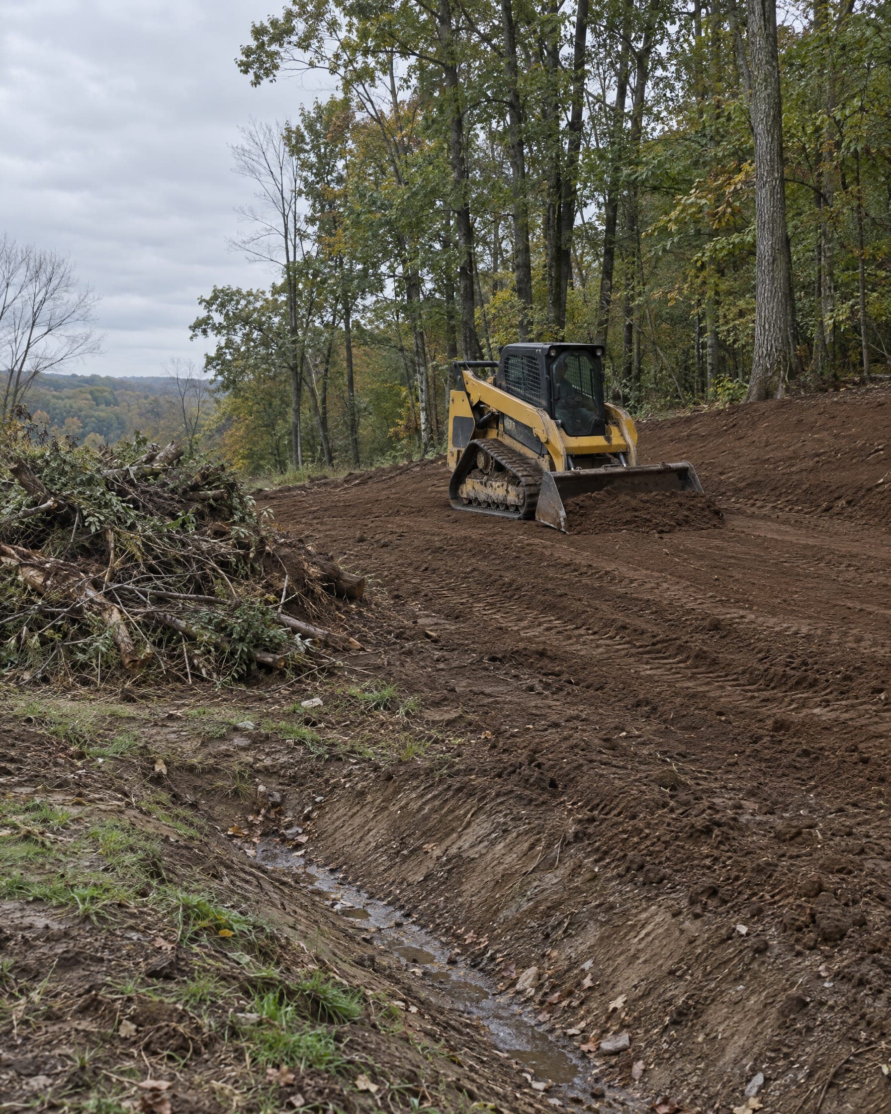 Illustration: a compact tracked loader grading freshly turned soil beside a wooded edge, with cleared brush piled to one side and a drainage swale in the foreground