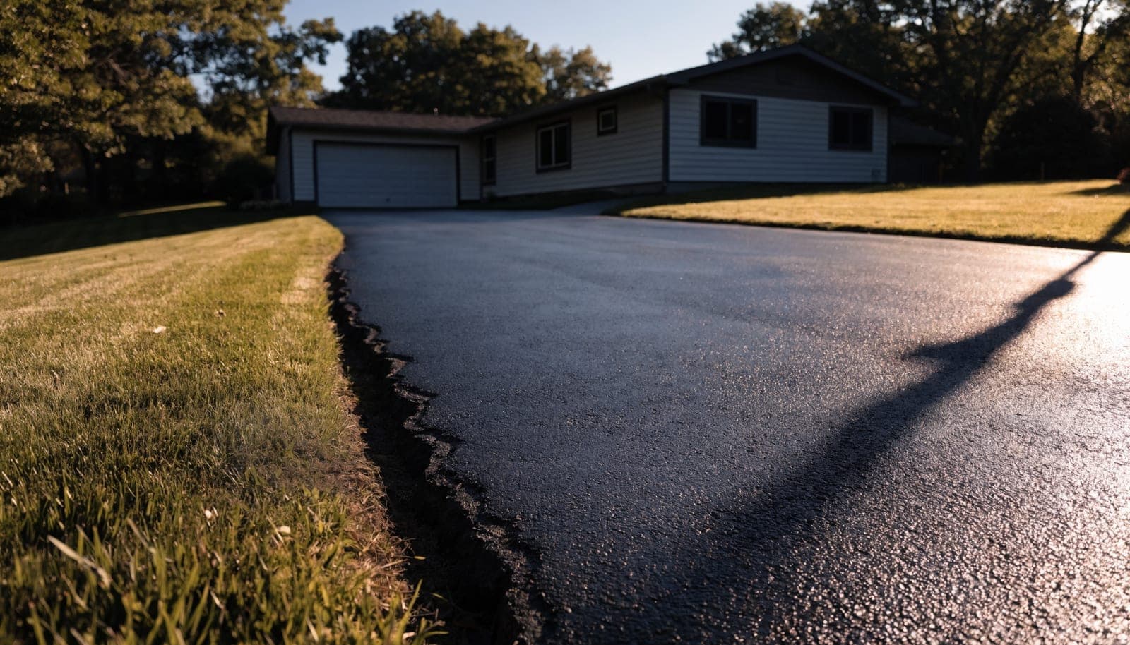 Illustration of a freshly sealed asphalt driveway, deep black with a crisp edge against a green lawn
