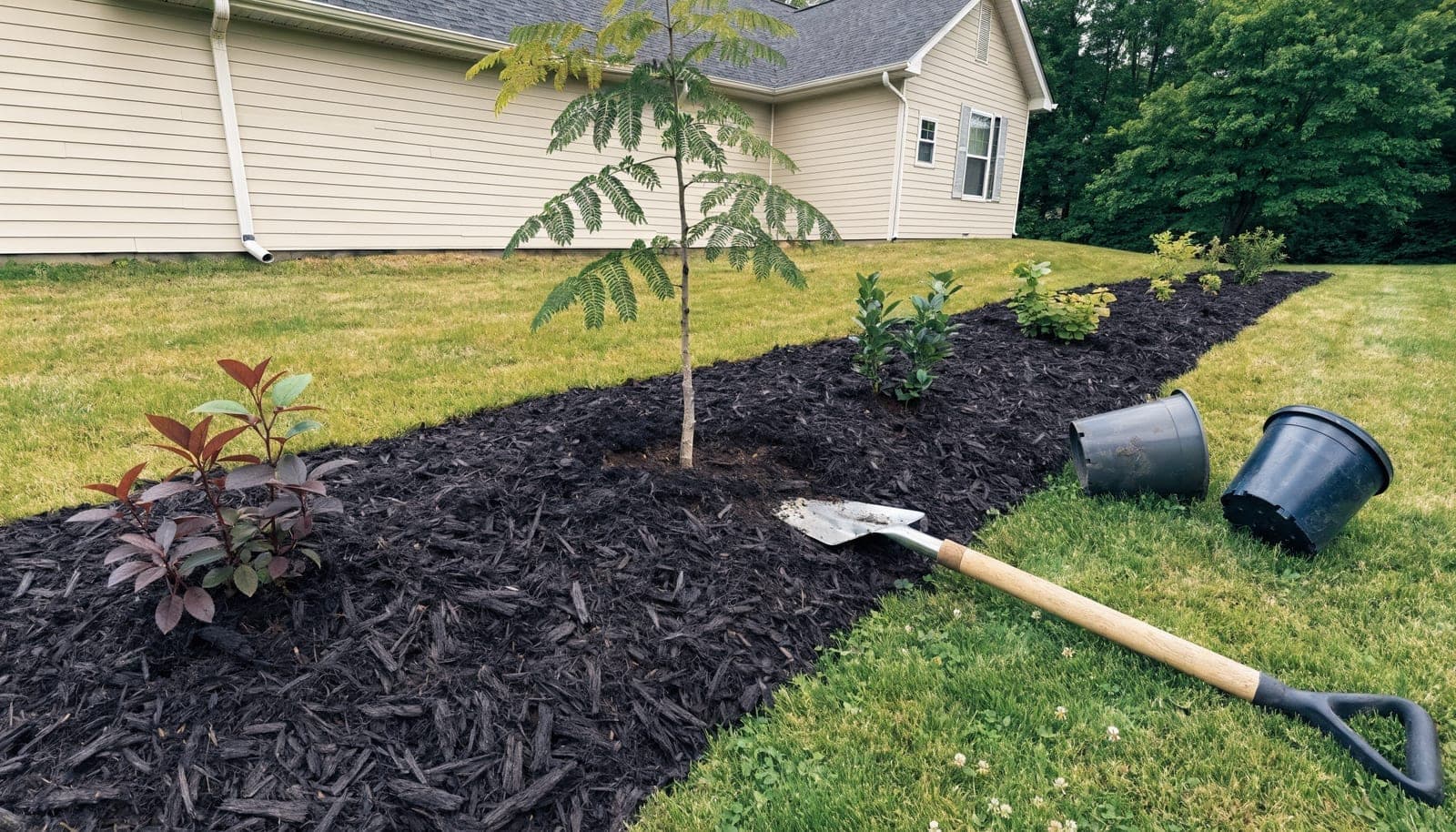 Illustration of a freshly planted and mulched bed along the front of a house, with a clean cut edge against the lawn